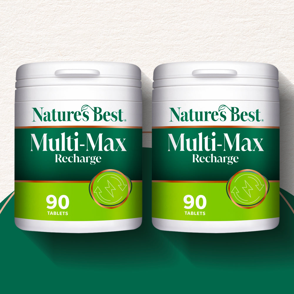 Two containers of Nature's Best Multi-Max Recharge on a green and white background