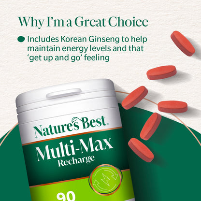 Nature's Best Multi-Max Recharge supplement container with red capsules on a light green background