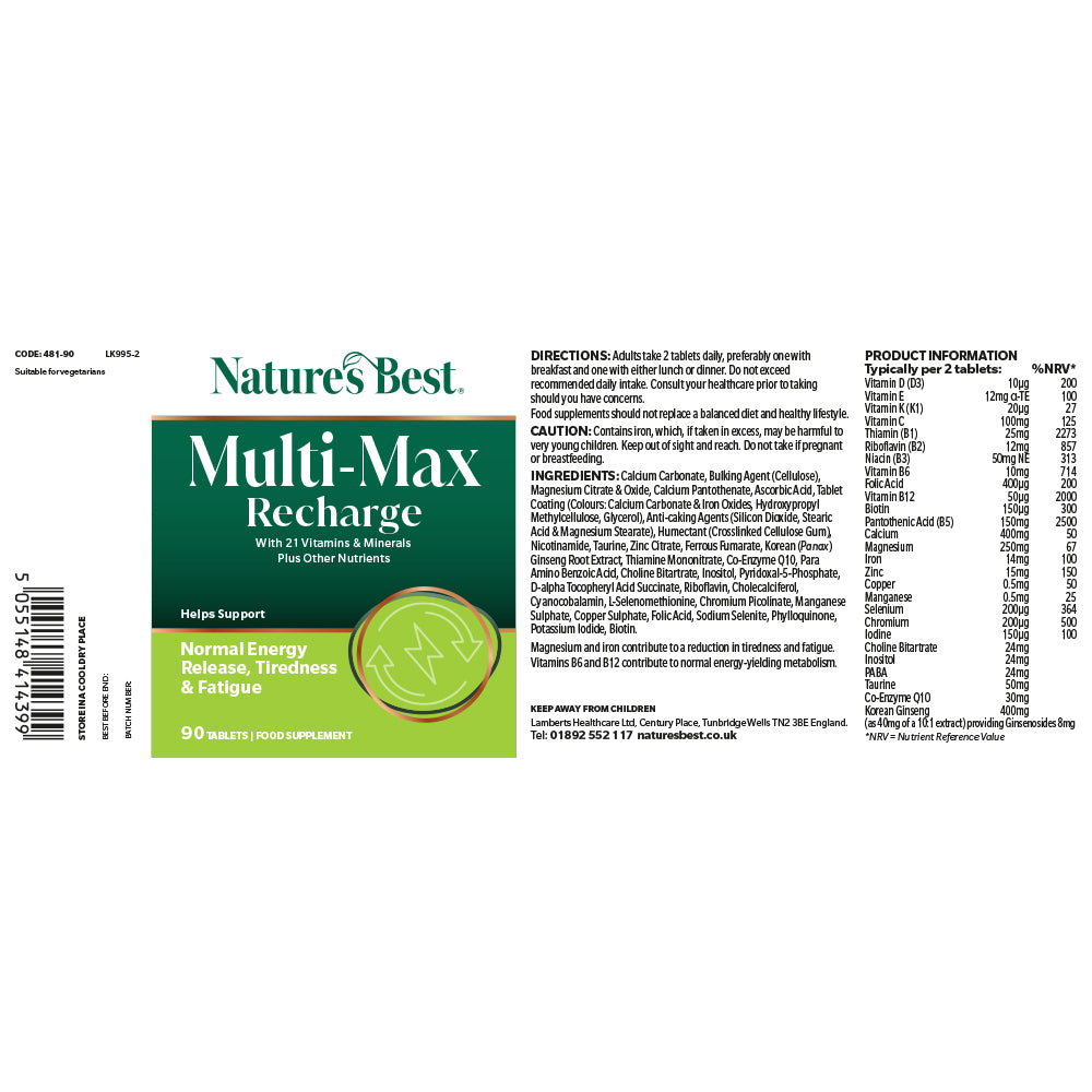 Nature's Best Multi-Max Recharge supplement label on a white background