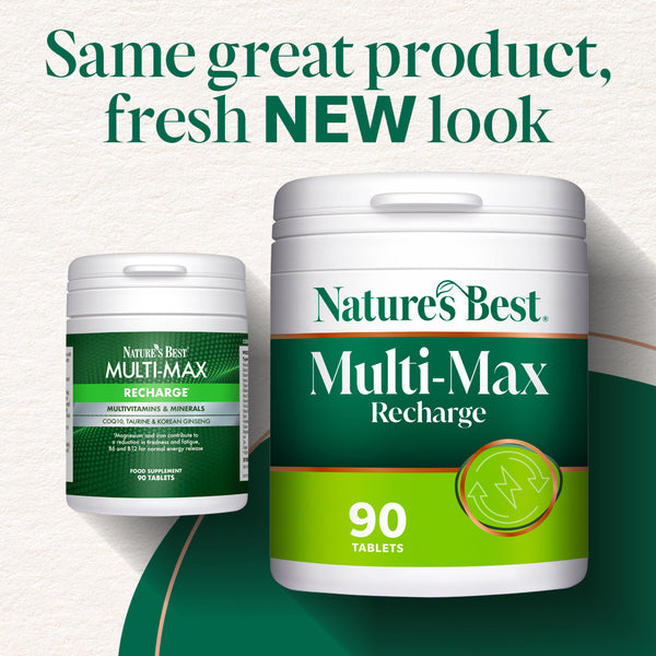 Nature's Best Multi-Max Recharge supplement containers with text on a light gray background