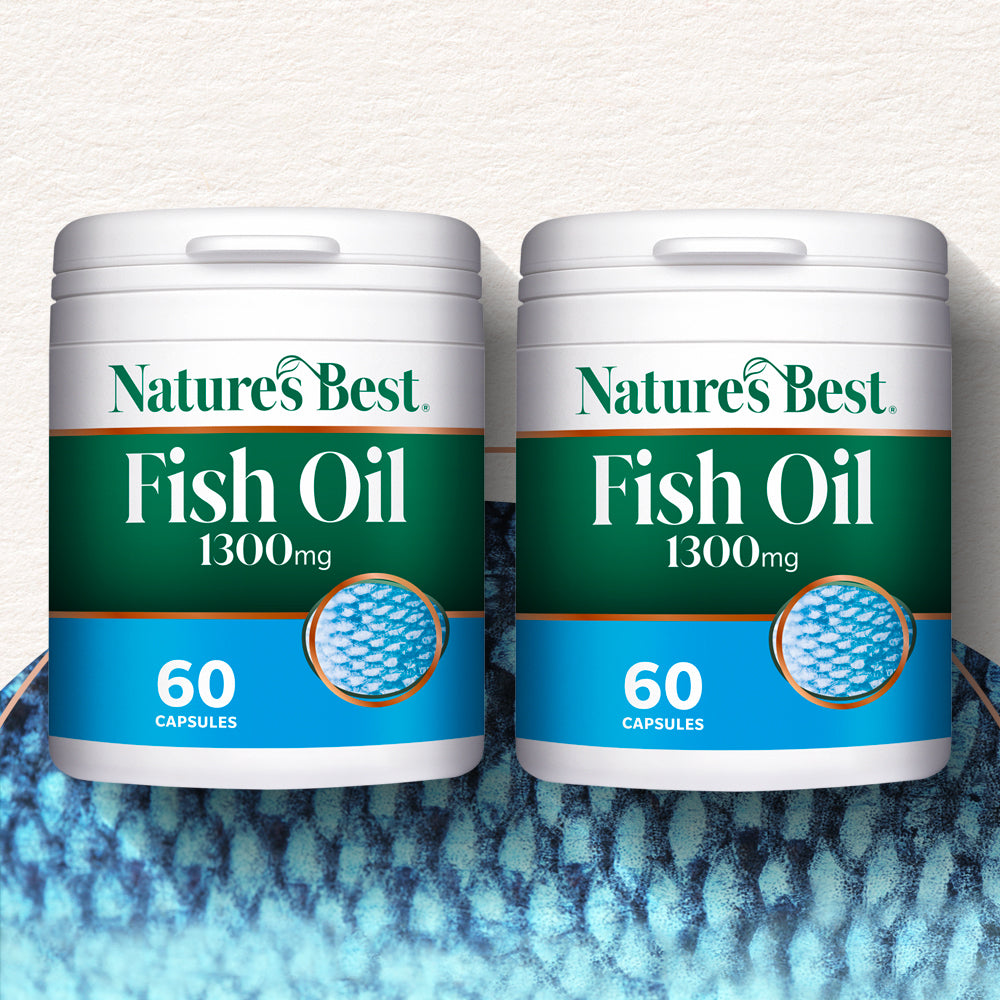 Two containers of Nature's Best Fish Oil 1300mg on a textured surface