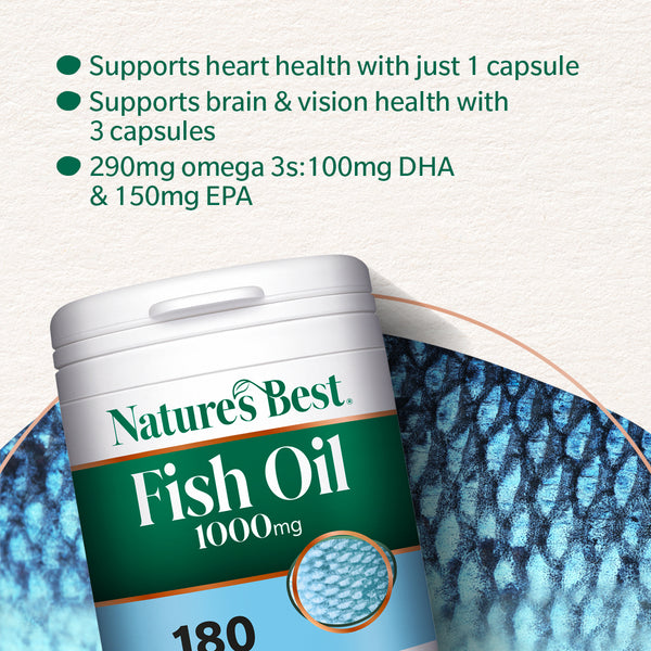 Nature's Best Fish Oil 1000mg container with text highlighting health benefits on a light background.