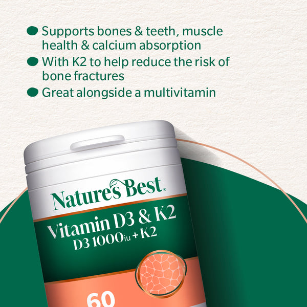 Nature's Best Vitamin D3 & K2 supplement container with text on benefits.