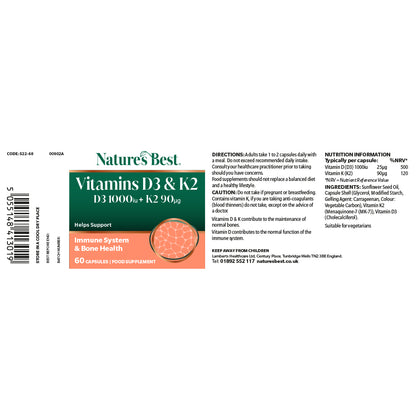 Nature's Best Vitamins D3 & K2 supplement label packaging on a white background