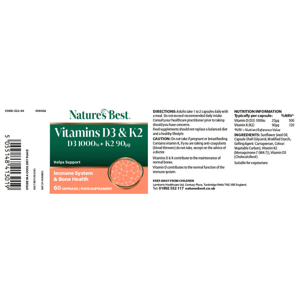 Nature's Best Vitamins D3 & K2 supplement label packaging on a white background