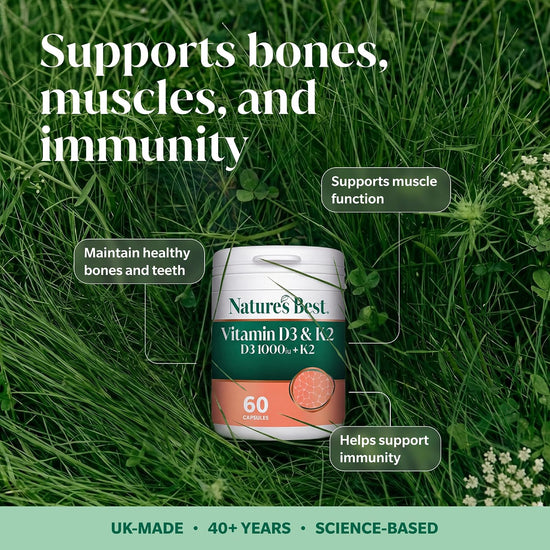 A jar of Nature's Best Vitamin D3 & K2 dietary supplement placed in tall green grass, surrounded by callout text bubbles describing health benefits. The product has a white lid, a dark green label with white text, and a peach-colored lower section.