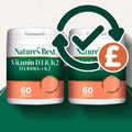 Two containers of Nature's Best Vitamin D3 & K2 with a checkmark and pound sign icon on a green background.