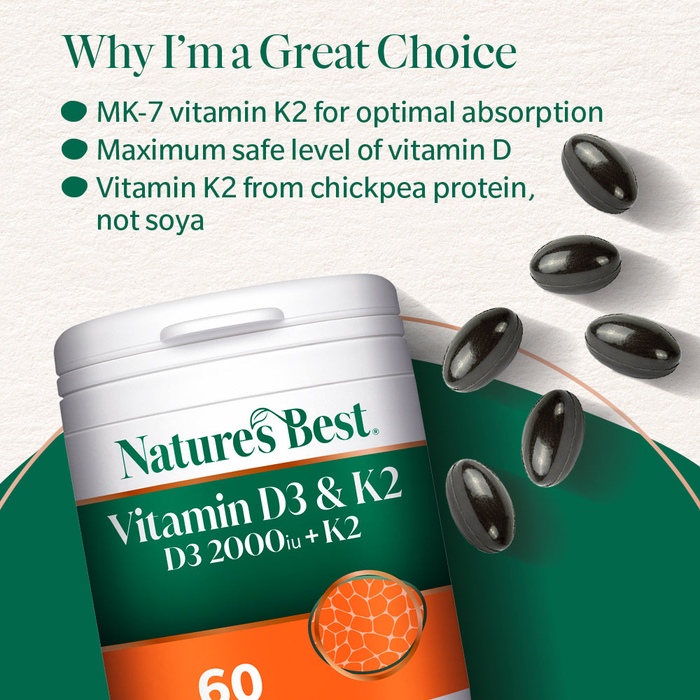 Nature's Best Vitamin D3 & K2 supplement container with vitamins on a light green background