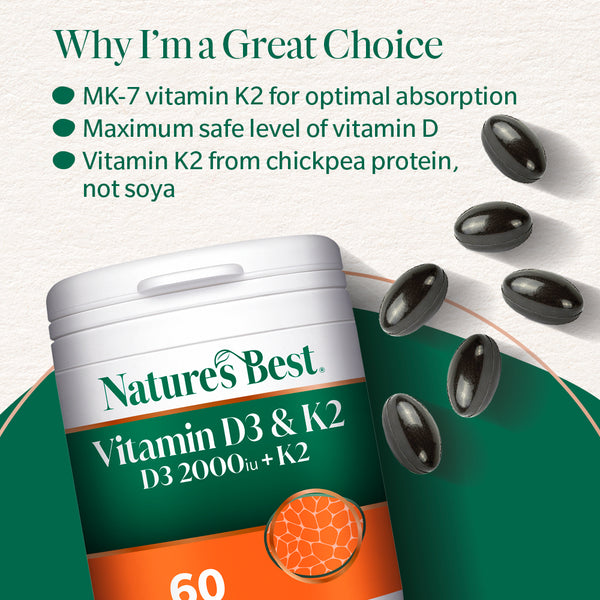 Nature's Best Vitamin D3 & K2 supplement container with vitamins on a light green background
