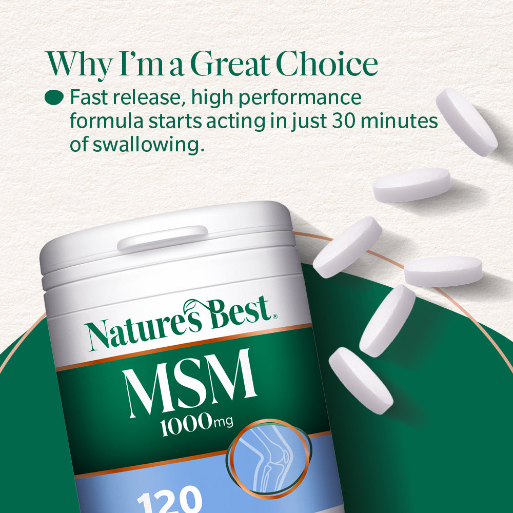 Nature's Best MSM 1000mg supplement container with tablets on a light background