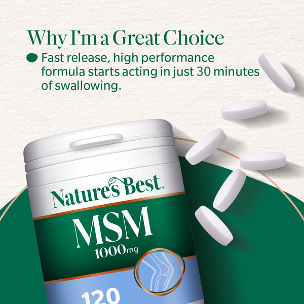 Nature's Best MSM 1000mg supplement container with tablets on a light background