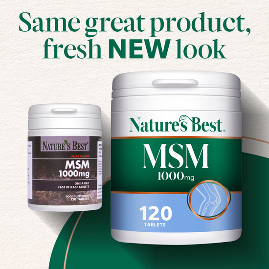 Nature's Best MSM 1000mg supplement containers with text 'Same great product, fresh NEW look'.