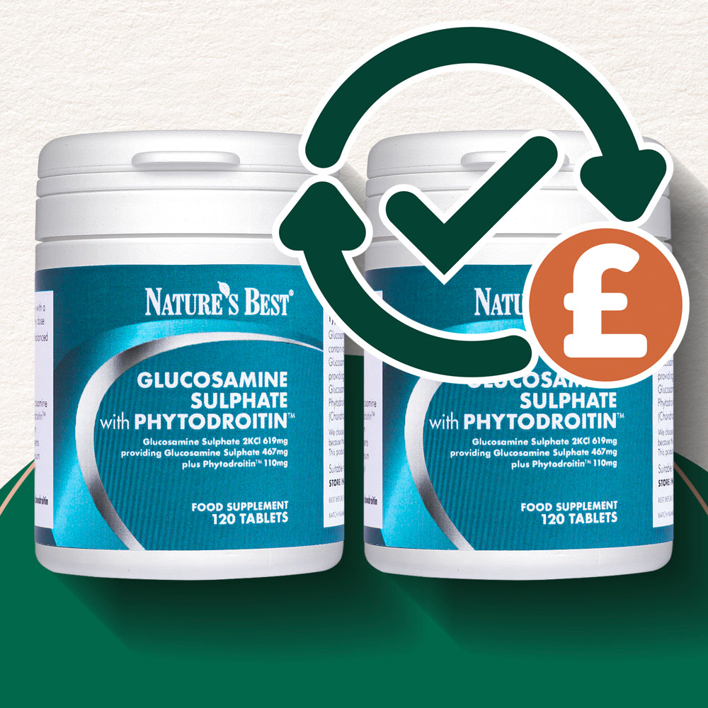 Two containers of Nature's Best Glucosamine Sulphate with Phytodroitin on a white background