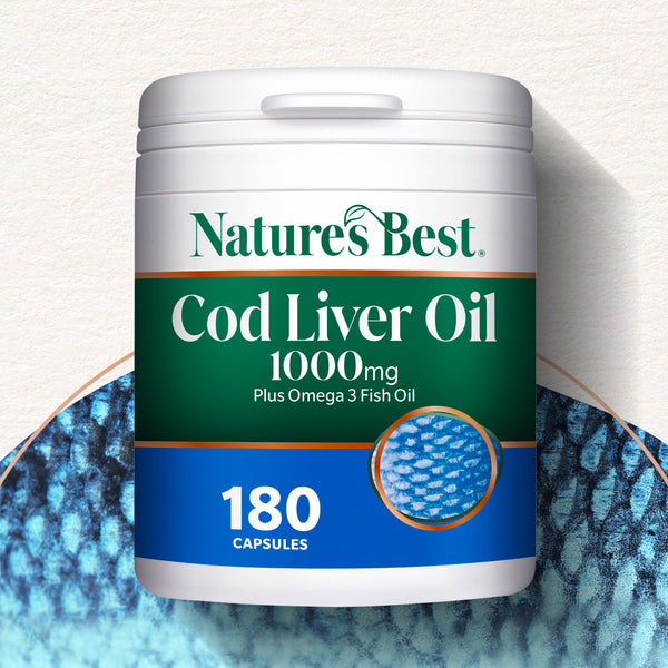 Nature's Best Cod Liver Oil supplement container on a textured white background