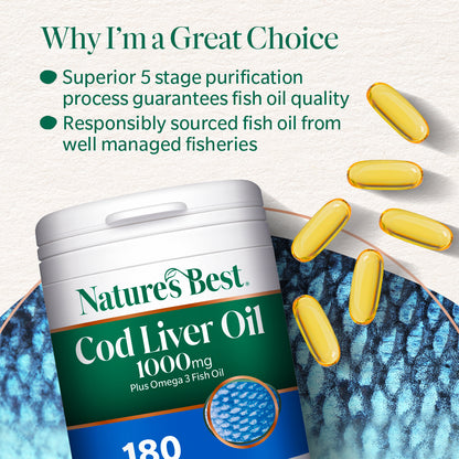 Nature's Best Cod Liver Oil container with capsules on a blue fish pattern background