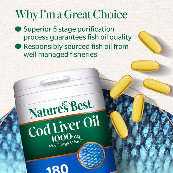 Nature's Best Cod Liver Oil container with capsules on a blue fish pattern background