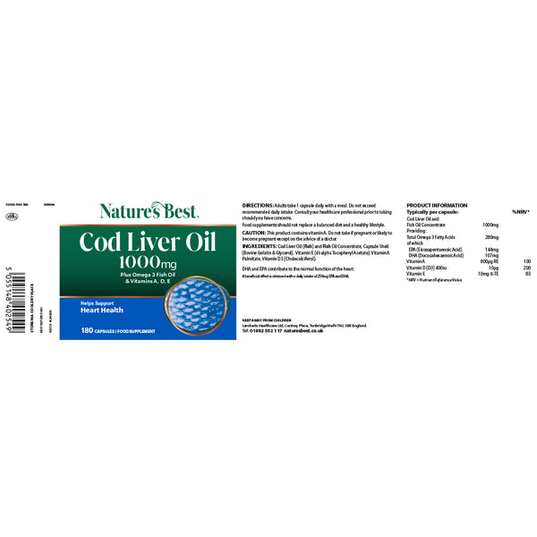 Nature's Best Cod Liver Oil 1000mg packaging label on a white background
