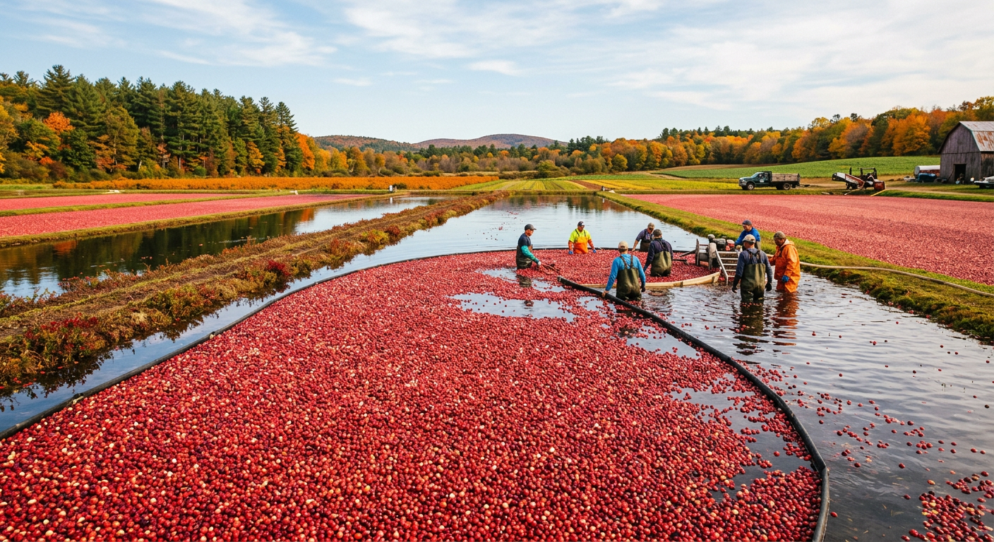 Cranberry crops being collected on the river by work men