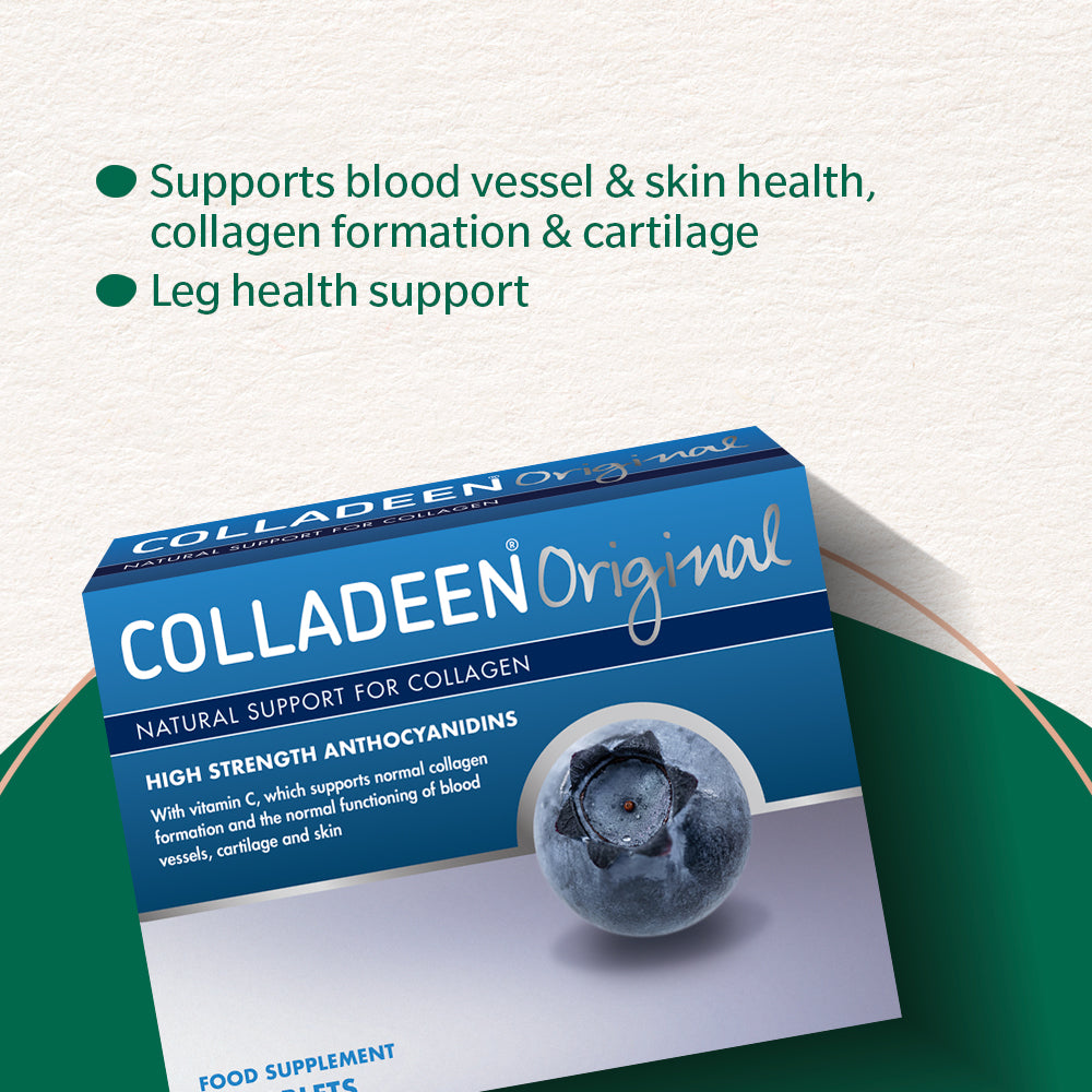 Colladeen Original collagen supplement box shown at an angle on a white textured background with green text callouts above it. The box is blue and white with a blueberry graphic on the front.