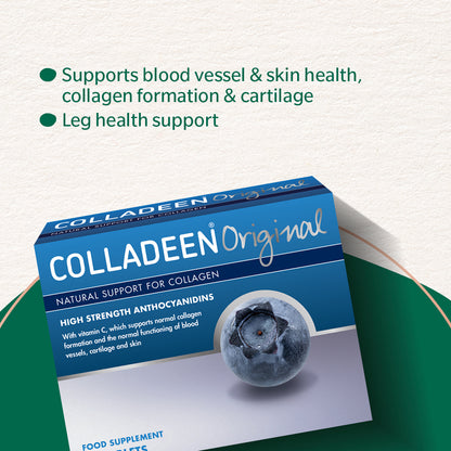 Colladeen Original collagen supplement box shown at an angle on a white textured background with green text callouts above it. The box is blue and white with a blueberry graphic on the front.