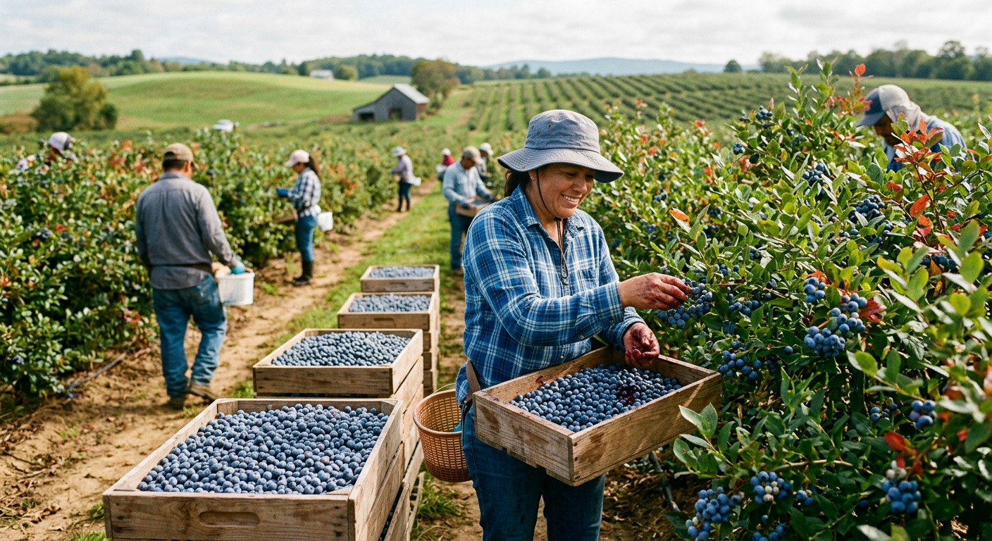 A person in a blue plaid shirt and wide-brim hat harvests blueberries from a bush in a farm field, while other workers collect blueberries in wooden crates along a dirt path.