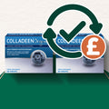 Colladeen supplement boxes with a green checkmark and pound symbol on a white background