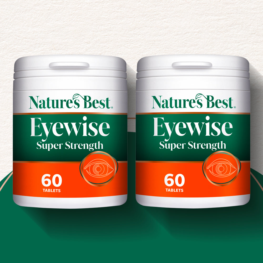 Two containers of Nature's Best Eyewise Super Strength tablets on a white background