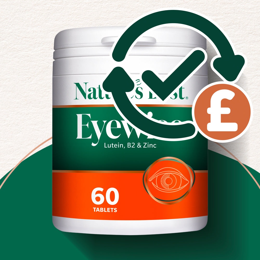 Nature's Best Eye Vitamin supplement container with a check mark and pound sign icon on a white background
