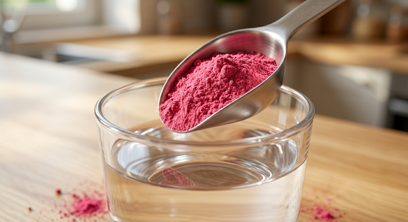A metal scoop filled with bright pink powder is held above a clear glass of water on a wooden countertop, with a softly blurred kitchen background.