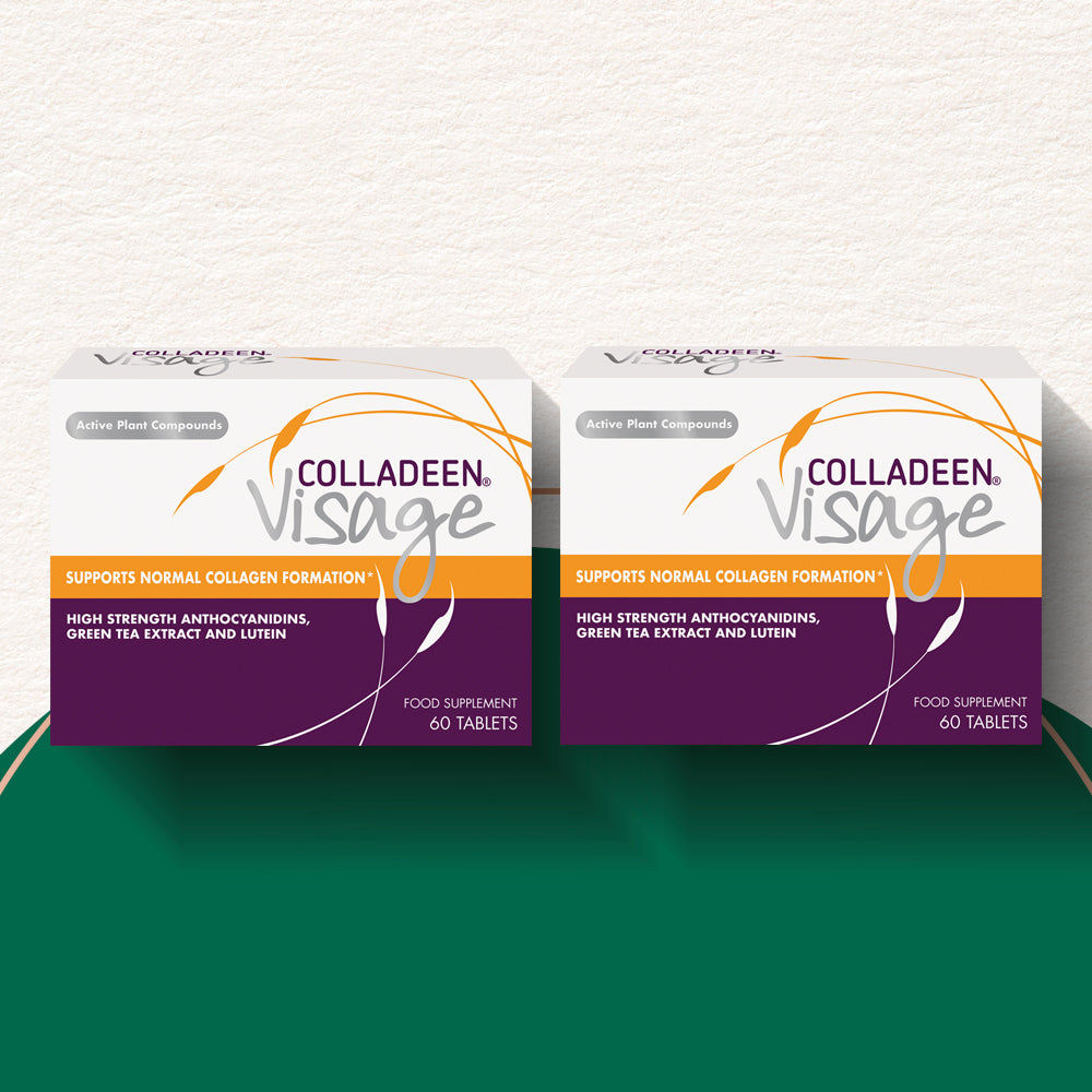 Two boxes of Colladeen Visage on a white and green gradient background