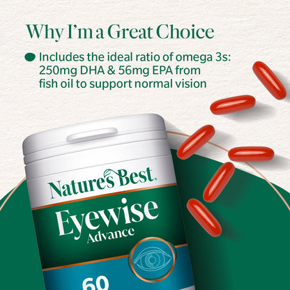 Nature's Best Eyewise Advance supplement container with red capsules on a light green background