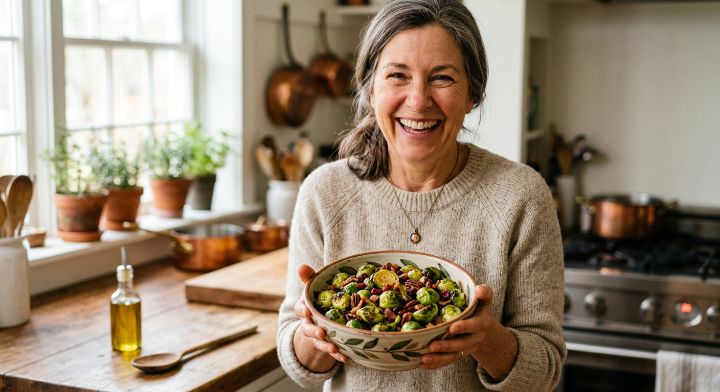 A smiling woman in a cozy kitchen holds a ceramic bowl filled with roasted Brussels sprouts and red onion. The scene is warmly lit with natural light from a window, showing copper pots and kitchen utensils in the background.
