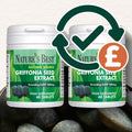 Two containers of Nature's Best Griffonia Seed Extract with a checkmark and pound sign icon.