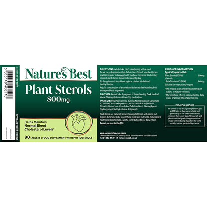 Nature's Best Plant Sterols 800mg dietary supplement packaging box, featuring a dark green and white design with product details, directions, and a barcode.
