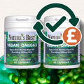 Two containers of Nature's Best Vegan Omega3 supplement with a check mark and pound sign icon.