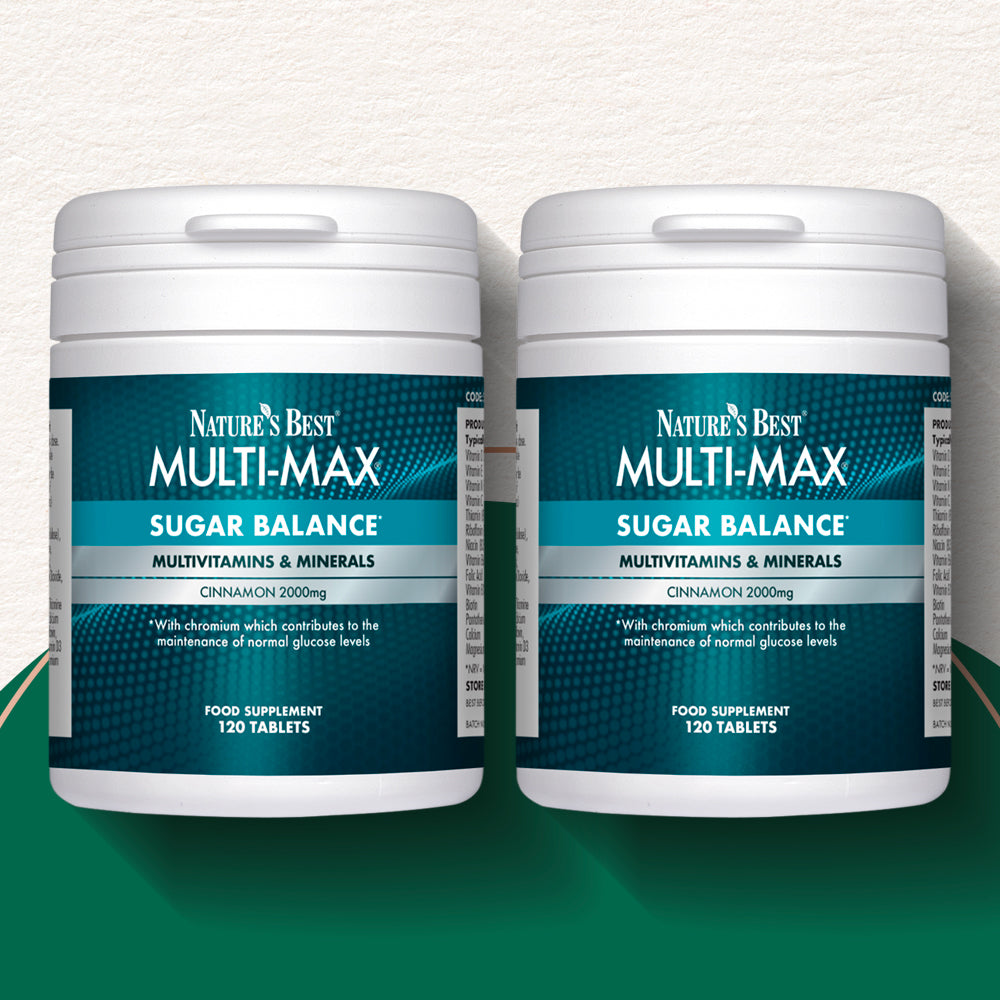 Two bottles of Nature's Best Multi-Max Sugar Balance multivitamins on a white background
