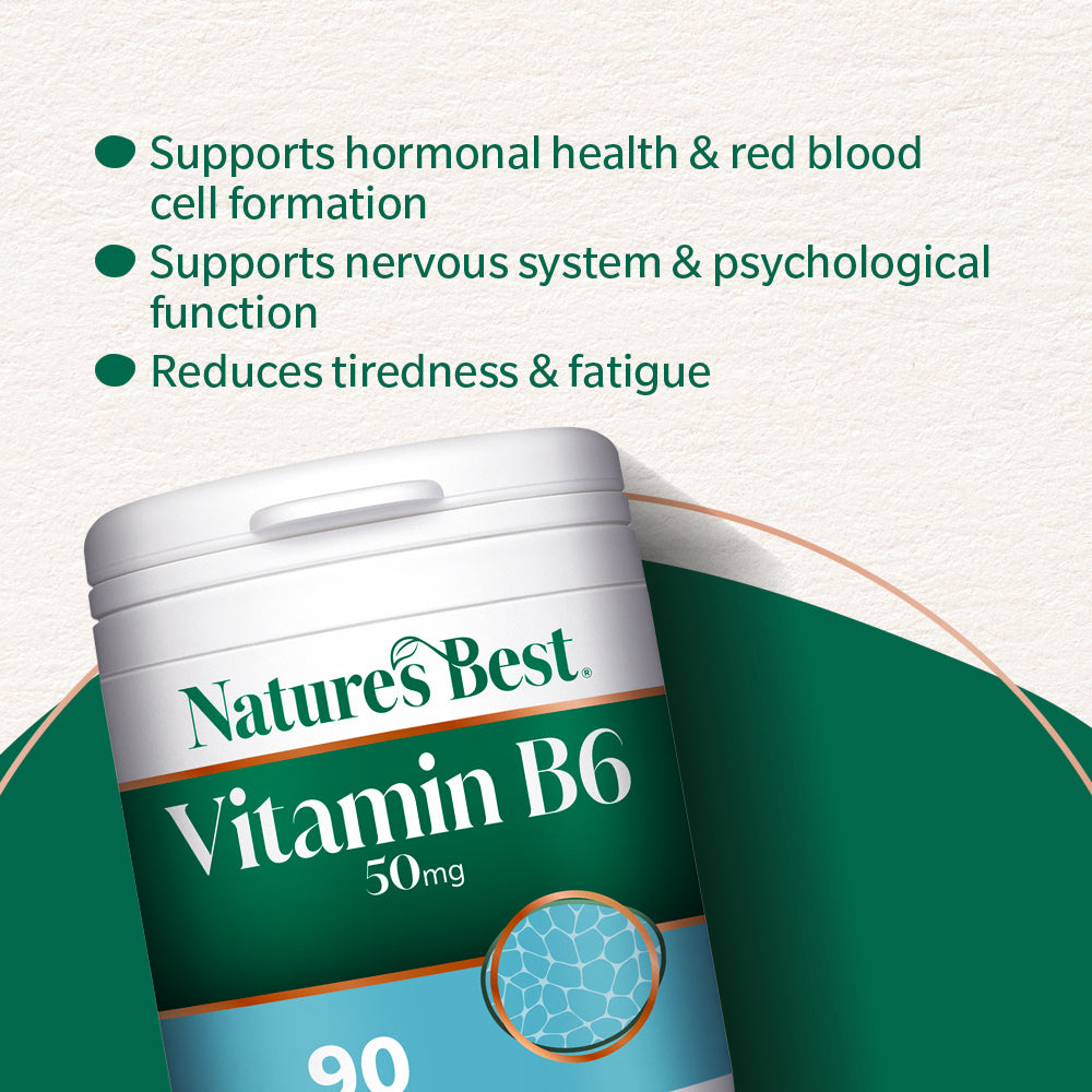 Nature's Best Vitamin B6 supplement container with text on benefits.