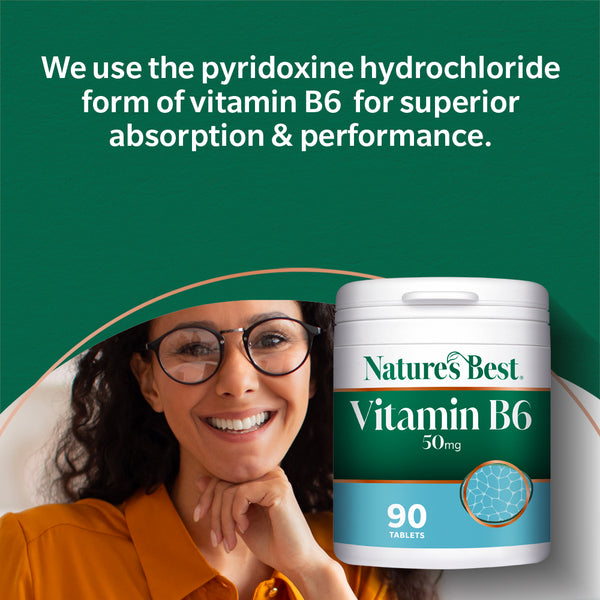 Nature's Best Vitamin B6 supplement with a woman smiling in the background