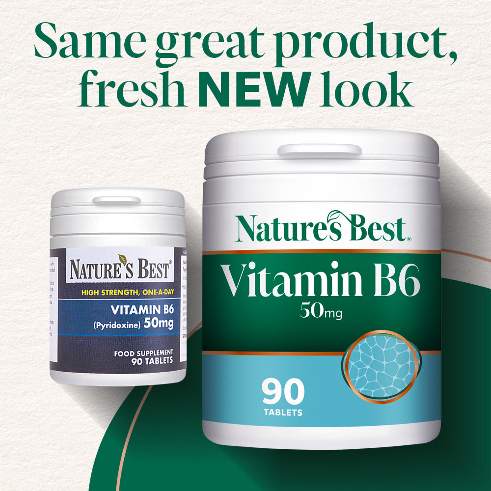 Nature's Best Vitamin B6 supplement containers with text 'Same great product, fresh NEW look'.