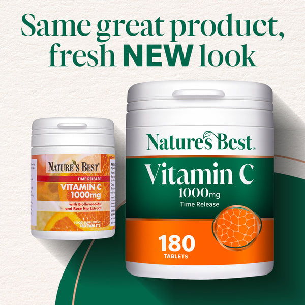 Nature's Best's old and new pot of Vitamin C 1000mg Time Release supplements