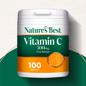 Nature's Best Vitamin C 500 mg Time Release supplement container on a green and white background