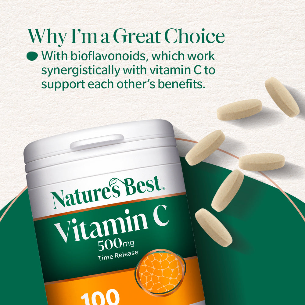 Nature's Best Vitamin C supplement with text about bioflavonoids on a white background