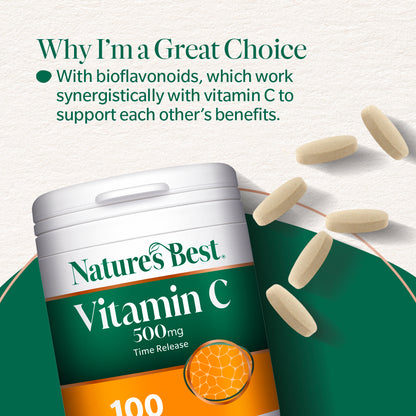 Nature's Best Vitamin C supplement with text about bioflavonoids on a white background
