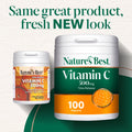 Two containers of Nature's Best Vitamin C 500mg Time Release tablets on a green background with text.