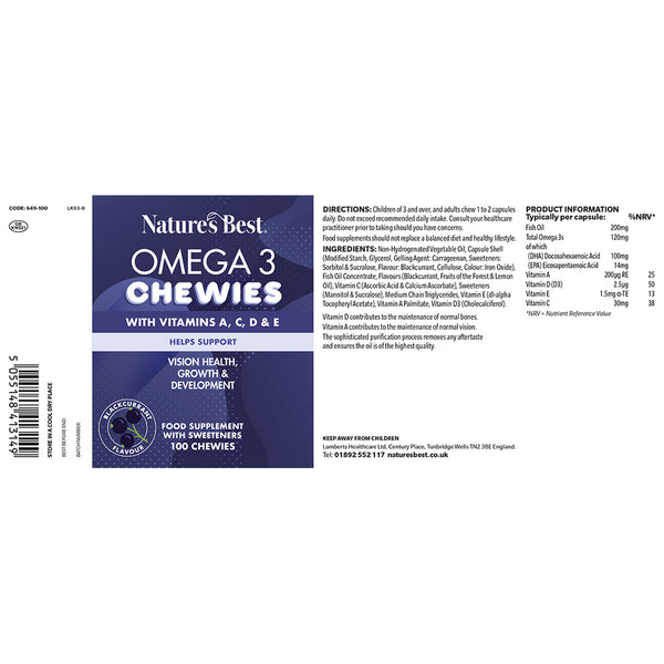 The back label of Nature's Best Omega 3 Chewies dog food supplement, showing product information, ingredients, directions, and a barcode on a white background.