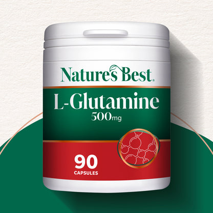 Nature's Best L-Glutamine supplement container on a white background