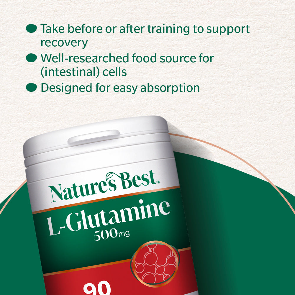 Nature's Best L-Glutamine supplement container with text on a green and white background