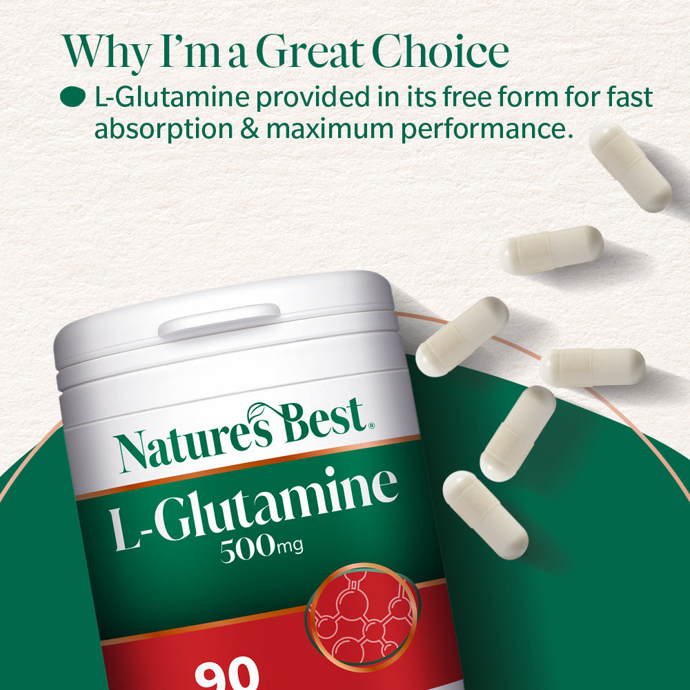 Nature's Best L-Glutamine supplement container with pills on a white background