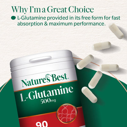 Nature's Best L-Glutamine supplement container with pills on a white background