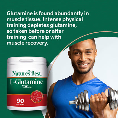 Nature's Best L-Glutamine supplement with a man lifting weights on a green background
